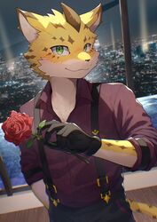  1boy black_gloves brown_fur city_lights flower furry furry_male gloves green_eyes highres holding holding_flower looking_at_viewer male_focus multicolored_fur night ose_(housamo) panther_boy panther_ears panther_tail ponzu_tas red_flower red_rose red_shirt rose shirt skyline solo suspenders tokyo_afterschool_summoners whiskers yellow_fur young_ose_(housamo) 