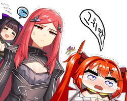  3girls =_= airplane_hair_ornament anger_vein bad_id bad_pixiv_id blush bonobono bonobono_(character) breasts chibi cleavage commentary_request crying daika_(last_origin) flat_chest hair_ornament hairclip jazz_jack korean_commentary korean_text large_breasts last_origin long_hair looking_at_another looking_away may_of_doom mini_person minigirl mole mole_under_eye multiple_girls night_angel_(last_origin) purple_eyes red_eyes seal_(animal) tears trembling twintails wavy_eyes wavy_mouth 