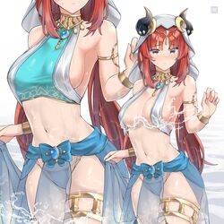  absurdres alternate_costume armlet armpits bare_shoulders bikini blue_bikini bracelet breasts brown_eyes cleavage closed_mouth collar cowboy_shot crop_top embarrassed fake_horns female freshtango genshin_impact highres horns jewelry large_breasts long_hair looking_at_viewer midriff multiple_views navel nilou_(genshin_impact) pelvic_curtain red_hair see-through shirt sideboob skindentation sleeveless sleeveless_shirt stomach string_bikini sweatdrop swimsuit thighlet thighs veil water wet white_bikini 