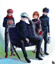  3boys absurdres bag black_footwear blue_eyes blue_hair bouquet brown_eyes brown_hair cake candle female flower food fushiguro_megumi gakuran gojou_satoru highres itadori_yuuji jogo_(jujutsu_kaisen) jujutsu_kaisen jujutsu_tech_uniform kugisaki_nobara long_sleeves multiple_boys panda_(jujutsu_kaisen) pink_hair school_uniform shoes shopping_bag short_hair sitting sneakers spiked_hair teacher_and_student tokishima_sikuka white_footwear white_hair 