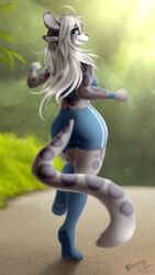  2019 4_ears anthro bloominglynx blue_bottomwear blue_clothing blue_eyes blue_footwear blue_socks blue_topwear blurred_background bottomwear closed_smile clothed clothing digital_media_(artwork) digital_painting_(artwork) eye_through_hair eyebrow_through_hair eyebrows eyelashes fangs felid female footwear fur furmessiah_(character) glistening glistening_eyes grey_body grey_fur hair hi_res leaf mammal markings mouth_closed multi_ear outside pink_nose plant rear_view shrub signature smile socks solo spots spotted_arms spotted_body spotted_fur spotted_legs spotted_markings spotted_tail tail tail_markings teeth topwear translucent translucent_clothing translucent_footwear translucent_hair translucent_socks white_hair 