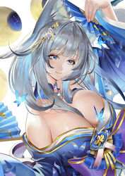  animal_ear_fluff animal_ears arm_up azur_lane bare_shoulders between_breasts blue_butterfly blue_eyes blue_kimono breasts bug butterfly chinese_commentary cleavage closed_mouth commentary detached_collar female fingernails folding_fan fox_ears fox_girl glint grey_hair hair_between_breasts hair_ornament hand_fan highres holding holding_fan japanese_clothes jujumaho_(nanigaxila) kimono large_breasts long_hair long_sleeves looking_at_viewer moon off_shoulder shinano_(azur_lane) smile solo upper_body white_background wide_sleeves 