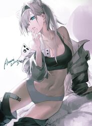  animal_ears arknights aurora_(arknights) aweii bad_id bad_pixiv_id bare_shoulders bear_ears black_hairband black_sports_bra blue_eyes breasts commentary crop_top female grey_hair hair_over_one_eye hairband hand_up highres jacket large_breasts long_hair long_sleeves midriff navel off_shoulder open_clothes open_jacket panties solo sports_bra stomach thighs underwear very_long_hair white_background white_panties 