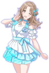  ;d bare_shoulders blue_choker blue_skirt bow breasts brown_eyes brown_hair choker collarbone cowboy_shot detached_sleeves female hair_bun hairbow ichikawa_hinana idol_clothes idolmaster idolmaster_shiny_colors large_breasts layered_skirt long_hair official_art one_eye_closed open_mouth shirt short_sleeves single_hair_bun skirt smile solo standing tomari_(veryberry00) transparent_background white_shirt 