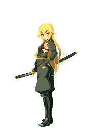  ashikaga_chachamaru blonde_hair dh_ead female full_body holding holding_weapon katana long_hair lowres pixel_art red_eyes scabbard sheath soukou_akki_muramasa sword transparent_background weapon 