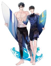  2boys abs black_hair bodysuit feet full_body hand_on_another&#039;s_shoulder holding holding_surfboard kim_dokja korean_commentary looking_at_another male_focus male_swimwear multiple_boys muscular muscular_male omniscient_reader&#039;s_viewpoint onlyraii pectorals scar scar_on_arm scar_on_chest short_hair surfboard topless_male waves white_background yoo_joonghyuk 