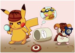  border cape clothing container cookie cookie_jar cricetid crumbs detective_hat detective_pikachu eyewear eyewear_on_head feral food fur generation_1_pokemon generation_2_pokemon goggles goggles_on_head gradient_background group hamster hamtaro hamtaro_(series) jar magnifying_glass male mammal nintendo orange_body orange_fur pichu pichu90 pikachu pokemon pokemon_(species) rodent simple_background sparks_pichu tan_body tan_fur thought_bubble trio white_border yellow_body yellow_fur 