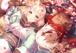  2girls ahoge arm_guards arm_up bangs black_scarf blonde_hair blurry blurry_foreground blush closed_eyes commentary_request dark_skin depth_of_field eyebrows_visible_through_hair fate/grand_order fate_(series) flower grey_eyes japanese_clothes kimono koha-ace looking_at_viewer lying multiple_girls obi okita_souji_(alter)_(fate) okita_souji_(fate) okita_souji_(fate)_(all) on_back on_side open_clothes parted_lips petals pink_flower rosuuri sash scarf shade smile tree_branch white_hair white_kimono 