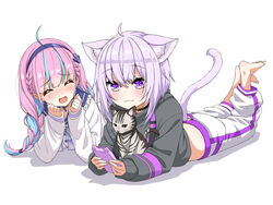  2girls :3 absurdres ahoge animal_collar animal_ear_fluff animal_ears asanaya barefoot black_shirt blue_hair blush braid cardigan cat_ears cat_tail cellphone clenched_hands closed_eyes clothing_cutout collar feet feline hairband hand_to_own_mouth highres hololive legs_up long_hair lying midriff minato_aqua minato_aqua_(sailor) multicolored_hair multiple_girls nekomata_okayu nekomata_okayu_(1st_costume) on_stomach open_mouth panties pants panty_peek phone pink_hair pink_panties purple_eyes purple_hair shirt short_hair simple_background smartphone smile soles tail tail_through_clothes temari_(nekomata_okayu) the_pose toes twin_braids twintails two-tone_hair underwear virtual_youtuber white_background white_cardigan white_pants 