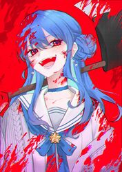  :d alternate_eye_color animal_ears axe blood blood_on_clothes blood_on_face blood_splatter blue_choker blue_hair blush choker chromatic_aberration collarbone female grey_jacket hair_between_eyes hair_bun highres holding holding_axe hololive hoshimachi_suisei hoshimachi_suisei_(school_uniform) jacket long_hair looking_at_viewer official_alternate_costume official_alternate_hair_length official_alternate_hairstyle open_clothes open_jacket red_background red_eyes saco_(cgmore) sailor_collar simple_background single_side_bun smile solo star_(symbol) star_in_eye sweater symbol_in_eye virtual_youtuber white_sailor_collar 