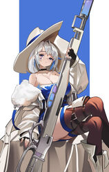  absurdres alchemy_stars azure_(alchemy_stars) bare_shoulders black_gloves blue_dress blue_eyes boots breasts brown_thighhighs choker cleavage closed_mouth coat collarbone crossed_legs dress feet_out_of_frame female fingerless_gloves fur-trimmed_coat fur_trim gloves grey_hair gun hat highres holding_funnel large_breasts long_sleeves looking_at_viewer medium_hair multicolored_hair off_shoulder rifle sitting smile sniper_rifle solo sq strapless strapless_dress thighhighs thighs two-tone_hair weapon white_coat white_footwear 