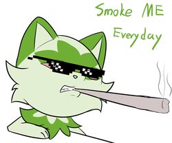  6:5 absurd_res ambiguous_gender cigarette drugs eyewear felid feline feral fur generation_9_pokemon green_body green_fur hi_res humor mammal meme nintendo pokemon pokemon_(species) smoke smoke_weed_everyday smoking solo sprigatito steel_cat sunglasses 