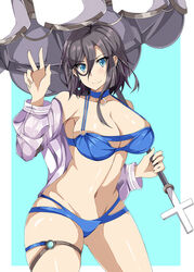  ark_royal_(azur_lane) ark_royal_(coast_watcher)_(azur_lane) ass_visible_through_thighs azur_lane bare_shoulders beach_umbrella bikini bikini_under_clothes black_hair blue_background blue_bikini blue_choker blue_eyes border breasts choker cleavage collarbone commentary cowboy_shot earrings female groin hair_between_eyes hand_up heart heart_earrings highres holding holding_umbrella jacket jewelry large_breasts looking_at_viewer midriff multi-strapped_bikini navel o-ring o-ring_bikini o-ring_top off_shoulder official_alternate_costume olly_(ollycrescent) open_clothes open_jacket purple_jacket short_hair sidelocks smile solo swimsuit thigh_strap umbrella v white_border 