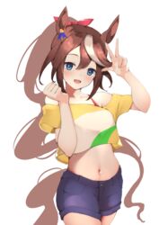  absurdres animal_ears bare_shoulders blue_eyes blue_shorts blush breasts brown_hair collarbone cowboy_shot crop_top female hands_up highres horse_ears horse_girl horse_tail long_hair looking_at_viewer midriff multicolored_hair navel off-shoulder_shirt off_shoulder open_mouth ponytail shirt shorts simple_background small_breasts smile solo streaked_hair striped_clothes striped_shirt tail tokai_teio_(umamusume) tsujiya_okuyasu two-tone_hair umamusume w white_background white_hair yellow_shirt 