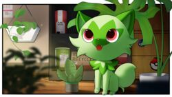  16:9 ambiguous_gender felid feline feral generation_9_pokemon green_body mammal nintendo open_mouth plant plant_pot pokemon pokemon_(species) red_eyes red_nose solo sprigatito steel_cat widescreen 