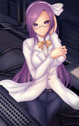  asakura_rikako bow bowtie denim female glasses hair_ribbon hairband hairbow hand_on_own_elbow hand_on_own_face highres jeans lab_coat laboratory long_hair pants phantasmagoria_of_dim.dream purple_eyes purple_hair ribbon shirt shounen_(hogehoge) smile touhou touhou_(pc-98) white_bow white_shirt yellow_bow yellow_bowtie 