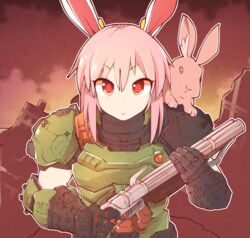  absurdres animal_ears armor commentary_request cosplay daisy_(doom) doom_(series) doom_eternal doomguy doomguy_(cosplay) double-barreled_shotgun double_barrels expressionless female gun highres looking_at_viewer majormilk pink_hair praetor_suit rabbit rabbit_ears red_eyes reisen_udongein_inaba shotgun touhou tsurime upper_body weapon 