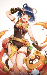  armband bandaid bandaid_on_knee bandaid_on_leg bare_shoulders black_gloves blue_hair breasts chili_pepper chimes chinese_clothes commentary dark_blue_hair female fingerless_gloves fire genshin_impact gloves guoba_(genshin_impact) hair_rings highres holding holding_polearm holding_weapon luzzi_(milllim) medium_breasts open_mouth polearm red_panda rope short_hair short_shorts shorts smile thigh_strap vision_(genshin_impact) weapon xiangling_(genshin_impact) yellow_eyes 