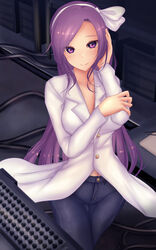  asakura_rikako bow denim female hair_ribbon hairband hairbow hand_on_own_elbow hand_on_own_face highres jeans lab_coat laboratory long_hair pants phantasmagoria_of_dim.dream purple_eyes purple_hair ribbon shounen_(hogehoge) smile solo touhou touhou_(pc-98) white_bow 