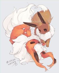  bad_id bad_pixiv_id commentary_request eevee flareon fluffy full_body grey_background hideko_(l33l3b) highres no_humans pokemon pokemon_(creature) signature simple_background twitter_username 