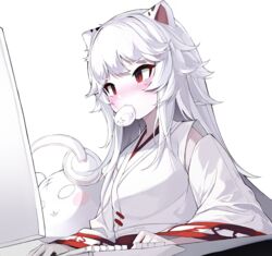  absurdres ahr_tato animal_ears blush cho_hoya commentary computer_keyboard female headphones highres japanese_clothes kimono long_hair long_sleeves monitor mouth_hold plumverse red_eyes simple_background solo tiger_ears very_long_hair white_background white_hair white_kimono wide_sleeves 