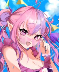  adjusting_eyewear ahoge bikini blue_sky blush breasts chimanakoneko cleavage cloud demon_girl demon_tail double_bun female frilled_bikini frills hair_bun heart heart_ahoge highres ironmouse large_breasts long_hair looking_at_viewer looking_over_eyewear multicolored_hair nail_polish oerba_yun_fang pink-tinted_eyewear pink_eyes pink_hair pointy_ears purple_hair purple_nails skin_fang sky streaked_hair summer swimsuit tail tinted_eyewear twintails virtual_youtuber vshojo 