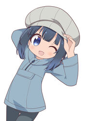  ;d arm_behind_head arms_up black_hair black_pants blue_eyes blue_jacket cabbie_hat commentary_request female grey_hat hand_on_headwear hat highres jacket looking_at_viewer minagi_hiyori one_eye_closed osaragi_mitama pants sidelocks simple_background slow_loop smile solo white_background 