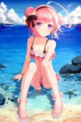  ahoge azur_lane bare_arms bare_shoulders between_legs bikini black_bow black_hairband blue_hair blue_sky blush bow brown_flower closed_mouth cloud cloudy_sky commentary day double_bun feet female flower flower_bracelet full_body hair_bun hair_flower hair_ornament hairband hairbow hand_between_legs highres horizon huge_ahoge knees_up layered_bikini multicolored_hair nail_polish ocean official_alternate_costume outdoors pink_bikini pink_bow pink_footwear pink_hair pink_nails purple_eyes red_flower sandals saratoga_(azur_lane) saratoga_(seven_seas_of_rest)_(azur_lane) seero shallow_water sitting sky smile solo striped_bikini striped_clothes swimsuit toenail_polish toenails twintails two-tone_hair vertical-striped_bikini vertical-striped_clothes water wet white_bow 