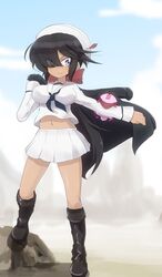  artist_self-insert black_coat black_footwear black_hair black_neckerchief blouse blue_eyes blue_sky boots bow breasts closed_mouth cloud cloudy_sky coat commentary dark-skinned_female dark_skin day dixie_cup_hat eyes_visible_through_hair female foot_up girls_und_panzer hair_over_one_eye hairbow hat hat_feather highres holding holding_clothes holding_jacket jacket jacket_over_shoulder jinguu_(4839ms) long_hair long_sleeves looking_at_another looking_at_viewer medium_breasts midriff military_hat miniskirt navel neckerchief ogin_(girls_und_panzer) ooarai_naval_school_uniform outdoors pleated_skirt ponytail rabbit red_bow rock sailor sailor_collar school_uniform shirt skirt sky solo standing unworn_jacket white_hat white_shirt white_skirt wind 