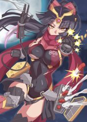  beam_cannon black_hair breasts covered_navel fate/grand_order fate_(series) female finger_cannon firing full_moon fusion gun gundam gundam_zz highres joints katou_danzou_(fate) long_hair medium_breasts missile missile_pod mobile_suit_gundam moon ponytail robot_joints rocket_punch scarf science_fiction shell_casing shimouki_izui smoke smoking_barrel solo v-fin weapon yellow_eyes zeong zz_gundam 