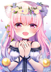  :d animal_ear_fluff animal_ears bare_shoulders blue_flower blue_hair blush cat_ears commentary_request dress female flower flower_wreath glint gradient_hair hair_between_eyes hair_ornament hands_up head_wreath jewelry long_hair looking_at_viewer multicolored_hair oerba_yun_fang off-shoulder_dress off_shoulder open_mouth original own_hands_together pink_hair red_eyes ring rinringyo rose smile solo upper_body very_long_hair white_dress wrist_cuffs yellow_flower yellow_rose 