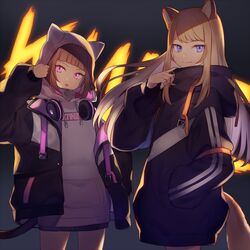  2girls animal_ears animal_hood black_hoodie black_jacket blonde_hair brown_hair cat_tail cowboy_shot dark drawstring fake_animal_ears fox_ears fox_tail hand_in_pocket headphones headphones_around_neck hood hood_down hoodie jacket kmnz long_hair long_sleeves looking_at_viewer mc_lita mc_liz multiple_girls open_clothes open_jacket open_mouth pink_eyes puffy_sleeves purple_eyes shugao smile tail virtual_youtuber white_hoodie 