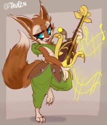  anthro blue_eyes breasts brown_body claws clothing dota eyelashes feet female fur hi_res hoodwink_(dota) mammal rodent sciurid signature solo tree_squirrel trufzn tuft white_body 