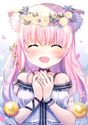  :d ^_^ animal_ear_fluff animal_ears bare_shoulders blue_flower blue_hair blush cat_ears closed_eyes commentary_request dress facing_viewer female flower flower_wreath glint gradient_hair hair_between_eyes hair_ornament hands_up head_wreath jewelry long_hair multicolored_hair oerba_yun_fang off-shoulder_dress off_shoulder open_mouth original own_hands_together pink_hair ring rinringyo rose smile solo upper_body very_long_hair white_dress wrist_cuffs yellow_flower yellow_rose 