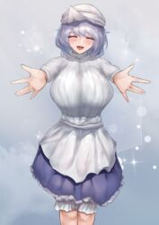  \||/ absurdres apron beckoning bloomers blue_skirt breasts commission feet_out_of_frame female grey_background highres huge_breasts letty_whiterock light_purple_hair long_sleeves medium_hair nanaironokabi outstretched_arms pixiv_commission shirt skirt sparkle touhou underwear variant_set waist_apron white_apron white_headwear white_shirt 