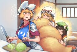  3girls absurdres adapted_costume alternate_eye_color animal_ear_fluff animal_ear_piercing animal_ears animal_hat behind_another blonde_hair blush breasts brown_eyes brown_hair cat_ears chanta_(ayatakaoisii) chen chopping closed_eyes commentary_request counter cowboy_shot cutting_board dress fluffy flustered flying_sweatdrops food fox_tail glowing green_headwear happy hat hat_ribbon highres holding holding_knife indoors jewelry kitchen_knife knife large_breasts long_hair long_skirt long_sleeves looking_at_another looking_back mob_cap multiple_girls multiple_tails nose_blush open_mouth plate red_ribbon red_vest ribbon santoku_knife shirt short_hair skirt sleeves_rolled_up slit_pupils tabard table tail tail_grab teeth tongue touhou vegetable vest white_dress white_headwear white_shirt white_skirt yakumo_ran yakumo_yukari 