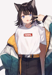  animal_ears belt black_hair black_shorts blue_eyes blue_nails cat_ears cat_girl cat_tail cowboy_shot female hand_in_pocket hand_up jacket looking_at_viewer medium_hair nail_polish off_shoulder open_clothes open_jacket original shirt shirt_tucked_in shorts shugao simple_background solo tail tongue tongue_out v white_background white_shirt 