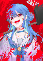  :d alternate_eye_color animal_ears axe bad_id bad_pixiv_id blood blood_on_clothes blood_on_face blood_splatter blue_choker blue_hair blush choker chromatic_aberration collarbone female grey_jacket hair_between_eyes hair_bun highres holding holding_axe hololive hoshimachi_suisei hoshimachi_suisei_(school_uniform) jacket long_hair looking_at_viewer official_alternate_costume official_alternate_hair_length official_alternate_hairstyle open_clothes open_jacket red_background red_eyes saco_(cgmore) sailor_collar simple_background single_side_bun smile solo star_(symbol) star_in_eye sweater symbol_in_eye virtual_youtuber white_sailor_collar 