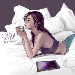  ass bed_sheet black_hair braid breasts brown_hair camisole coffee coffee_mug commentary_request cup female grey_hair ipad lying medium_breasts medium_hair midriff mug multicolored_hair on_bed on_stomach original pants pillow solo spaghetti_strap streaked_hair suisui_again tablet_pc twin_braids twitter_username yoga_pants 