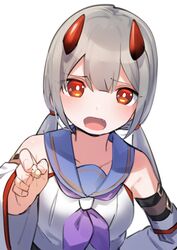  absurdres arm_belt assault_lily bare_shoulders belt black_belt blue_sailor_collar blush bright_pupils collarbone commentary_request detached_sleeves female food fujita_asagao goe_(g-o-e) grey_hair hair_between_eyes hand_on_own_hip hand_up highres holding holding_food horns incoming_food long_hair long_sleeves looking_at_viewer low_twintails neckerchief oerba_yun_fang open_mouth popcorn purple_neckerchief red_eyes red_horns sailor_collar school_uniform serafuku shirt simple_background sleeveless sleeveless_shirt solo twintails upper_body white_background white_pupils white_shirt white_sleeves wide_sleeves 