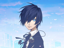  1boy black_hair blue_eyes blue_hair blue_sky blue_theme building closed_mouth cloud cloudy_sky day gekkoukan_high_school_uniform glowing glowing_eye headphones headphones_around_neck looking_at_viewer male_focus outdoors persona persona_3 petals school_uniform sky smile solo ultracat uniform upper_body yuuki_makoto_(persona_3) 