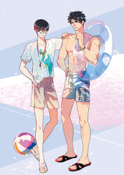  2boys abs ball beachball biceps full_body glasses grin hand_in_pocket hand_on_another&#039;s_shoulder holding holding_swim_ring innertube kim_dokja korean_commentary looking_at_viewer male_focus multiple_boys muscular muscular_male omniscient_reader&#039;s_viewpoint onlyraii shirt short_hair shorts simple_background slippers smile swim_ring whistle whistle_around_neck yoo_joonghyuk 