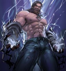  1boy abs bara beard black_eyes black_hair black_pants collar cowboy_shot dopey_(dopq) energy facial_hair from_below glowing highres league_of_legends looking_at_viewer male_focus metal_collar muscular muscular_male pants pectorals short_hair smile solo sylas_(league_of_legends) topless_male torn_clothes torn_pants 