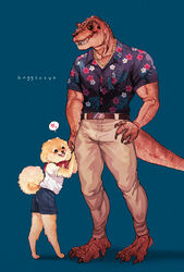  aloha_shirt anthro artist_name belt bottomwear canid canine canis clothing dinosaur domestic_dog duo extinct full-length_portrait gogglesyo heart_symbol hi_res male male/male mammal pants pattern_clothing pattern_shirt pattern_topwear pomeranian portrait prehistoric_species reptile scalie shirt shorts size_difference spitz theropod topwear tyrannosaurid tyrannosauroid tyrannosaurus tyrannosaurus_rex 