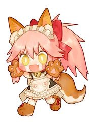  :d animal_ear_fluff animal_ears animal_hands apron bell blush_stickers bow bright_pupils fate/grand_order fate_(series) female fox_ears fox_tail gloves hairbow hands_up jingle_bell maid_apron maid_headdress neck_bell oerba_yun_fang open_mouth paw_gloves paw_shoes red_bow rosette_(yankaixuan) simple_background smile solo standing tail tamamo_(fate) tamamo_cat_(fate) tamamo_cat_(second_ascension)_(fate) thighhighs white_background white_legwear yellow_eyes 