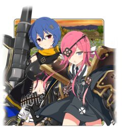  2girls :o amane_(senran_kagura) architecture armor bandolier belt_buckle black_jacket black_necktie blue_eyes blue_flower blue_hair blush bow breasts buckle building city cityscape cloud day east_asian_architecture emblem evening eyepatch field flat_chest flower flower_field forest grass gun hair_ornament hair_over_one_eye hairpin hand_in_pocket huge_weapon jacket japanese_armor kazakiri_(senran_kagura) large_breasts leather leather_jacket looking_at_viewer low_twintails midriff mountain mountainous_horizon multiple_girls multiple_hairpins nature navel necktie official_art open_mouth orange_sky outdoors pink_hair power_claw red_eyes scarf school_uniform senran_kagura senran_kagura_new_link shiny_skin shirt short_hair short_shorts short_twintails shorts shoulder_armor skirt sky skyline skyscraper sode standing suspenders tassel third-party_source tongue tree twintails weapon white_shirt yaegashi_nan 