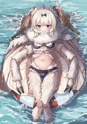  antennae arthropod_girl bikini black_bikini black_bow black_eyes blush bow breasts carapace compound_eyes extra_arms female hairbow highres innertube insect_wings kaiko-chan_(planhaplalan) light_brown_hair monster_girl moth_antennae moth_girl moth_wings navel neck_fur original plan_(planhaplalan) short_hair solo swim_ring swimsuit water wings 