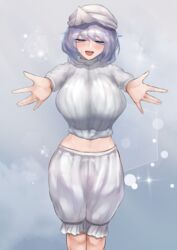  \||/ absurdres beckoning bloomers blue_eyes breasts commission feet_out_of_frame female grey_background half-closed_eyes highres huge_breasts letty_whiterock light_purple_hair medium_hair nanaironokabi outstretched_arms pixiv_commission shirt sparkle touhou underwear variant_set white_shirt 