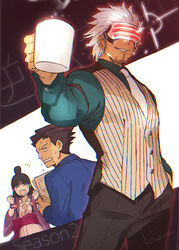  2boys :d ^_^ bead_bracelet beads black_background black_hair black_pants blue_jacket blue_shirt blue_suit blunt_bangs bracelet closed_eyes cowboy_shot cup dress_shirt facial_hair female formal frown glowing goatee godot_(ace_attorney) gyakuten_saiban hair_bun hand_in_pocket holding holding_cup holding_paper jacket japanese_clothes jewelry kaworu_(kaw_lov) kimono long_hair long_sleeves looking_at_another magatama maya_fey multiple_boys naruhodou_ryuuichi necktie open_mouth pants paper phoenix_wright:_ace_attorney_-_trials_and_tribulations pinstripe_pattern pinstripe_vest profile purple_kimono sash shirt short_hair signature single_hair_bun smile sparkle striped suit sweatdrop teeth two-tone_background upper_teeth_only vest visor white_background white_hair white_necktie white_vest wide_sleeves 