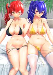  2girls absurdres azur_lane bikini black_bikini breasts chromatic_aberration covered_nipples highres italian_flag large_breasts long_hair looking_at_viewer multi-strapped_bikini multiple_girls navel o-ring o-ring_bikini official_alternate_costume on_bed pola_(azur_lane) pola_(seaside_coincidence)_(azur_lane) pucci-la-pucci purple_eyes purple_hair red_hair side-tie_bikini_bottom sitting skindentation swimsuit twintails untied_bikini wet_legwear yellow_bikini yellow_eyes zara_(azur_lane) zara_(poolside_coincidence)_(azur_lane) 